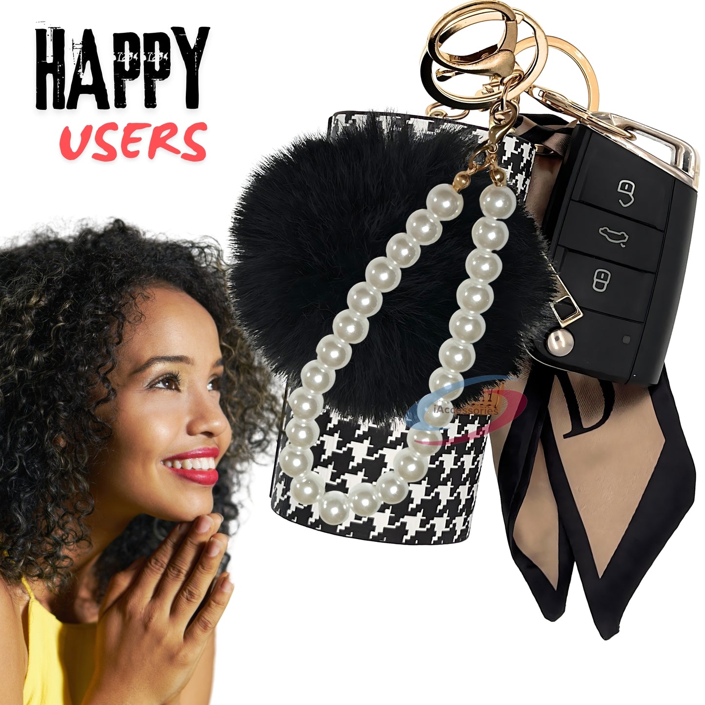 iAccessories Faux Fur Pom Pom Ball Pearl Pendant Bag Keychain Charm for Girls - Ideal for Bags, Cars, Scooty, Bikes & Home Decor - White | Black - iAccessories
