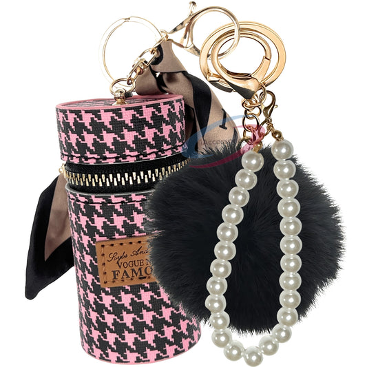 iAccessories Faux Fur Pom Pom Ball Pearl Pendant Bag Keychain Charm for Girls - Ideal for Bags, Cars, Scooty, Bikes & Home Decor - Pink | Black