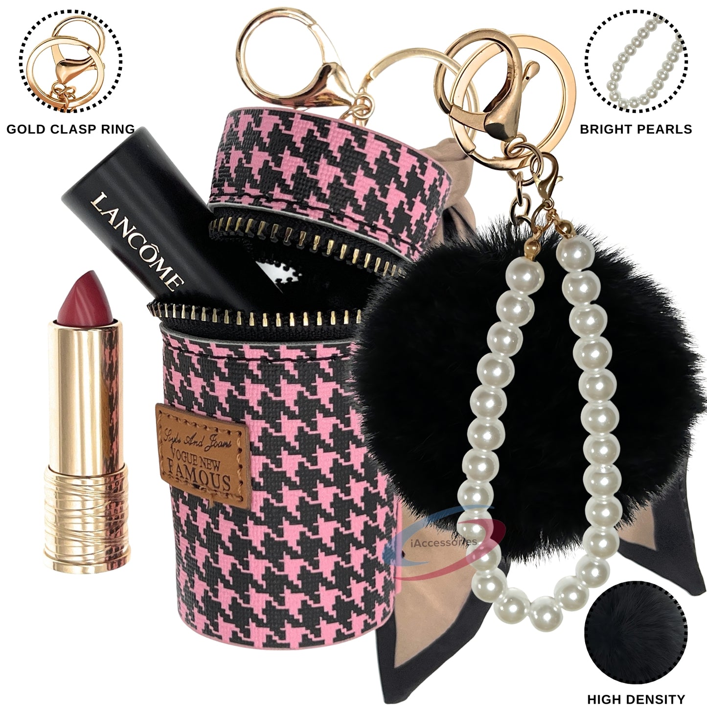 iAccessories Faux Fur Pom Pom Ball Pearl Pendant Bag Keychain Charm for Girls - Ideal for Bags, Cars, Scooty, Bikes & Home Decor - Pink | Black