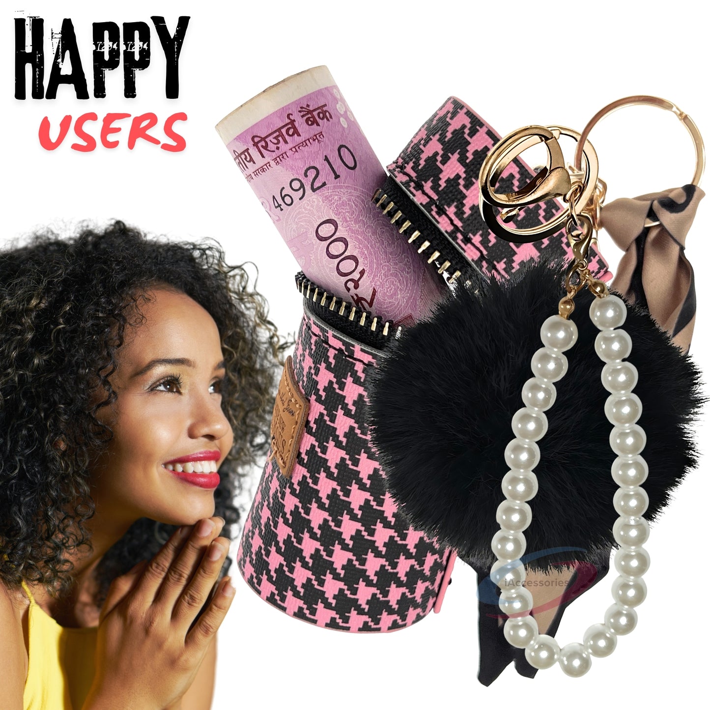 iAccessories Faux Fur Pom Pom Ball Pearl Pendant Bag Keychain Charm for Girls - Ideal for Bags, Cars, Scooty, Bikes & Home Decor - Pink | Black
