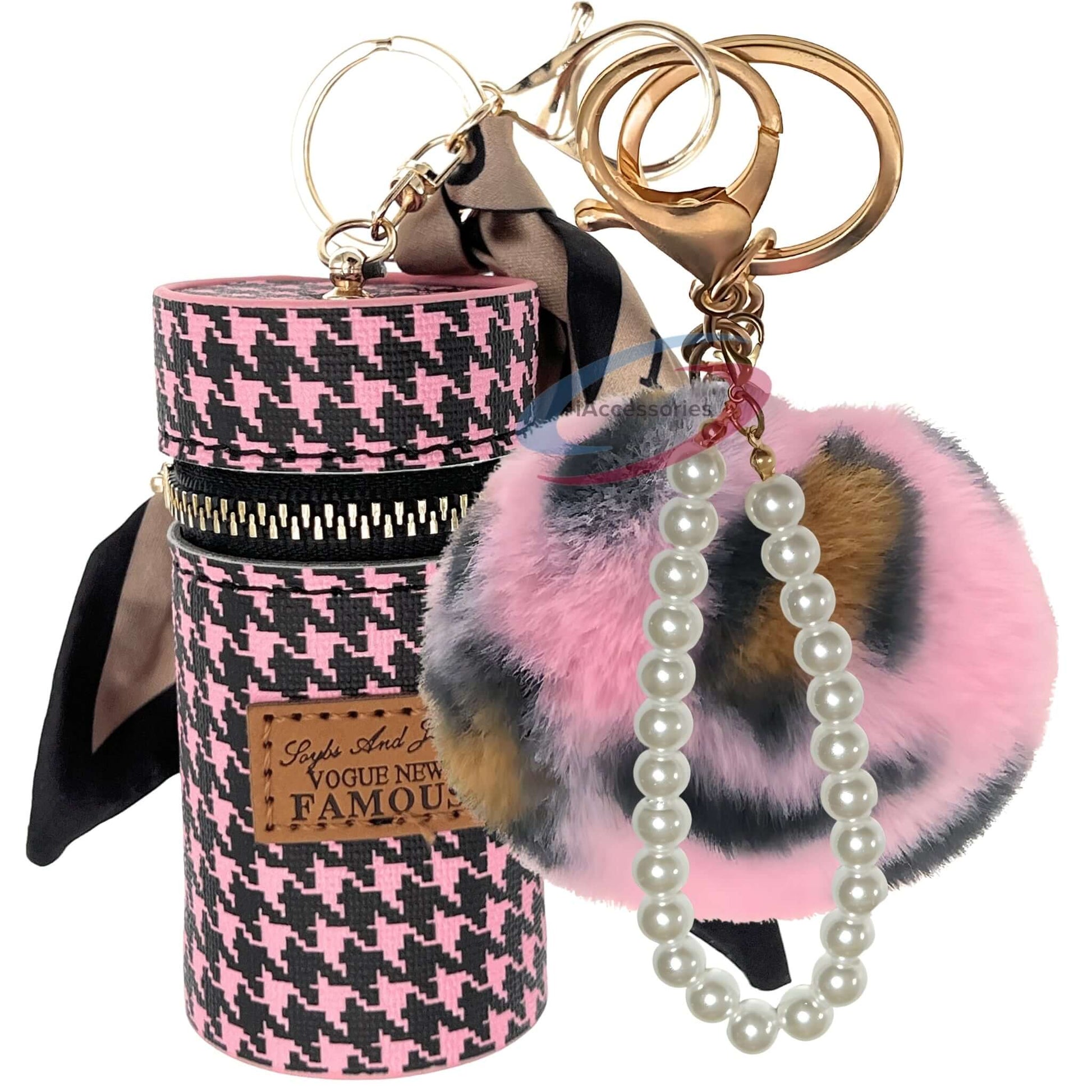 iAccessories Faux Fur Pom Pom Ball Pearl Pendant Bag Keychain Charm for Girls - Ideal for Bags, Cars, Scooty, Bikes & Home Decor - Pink|Black Pink Lepo - iAccessories