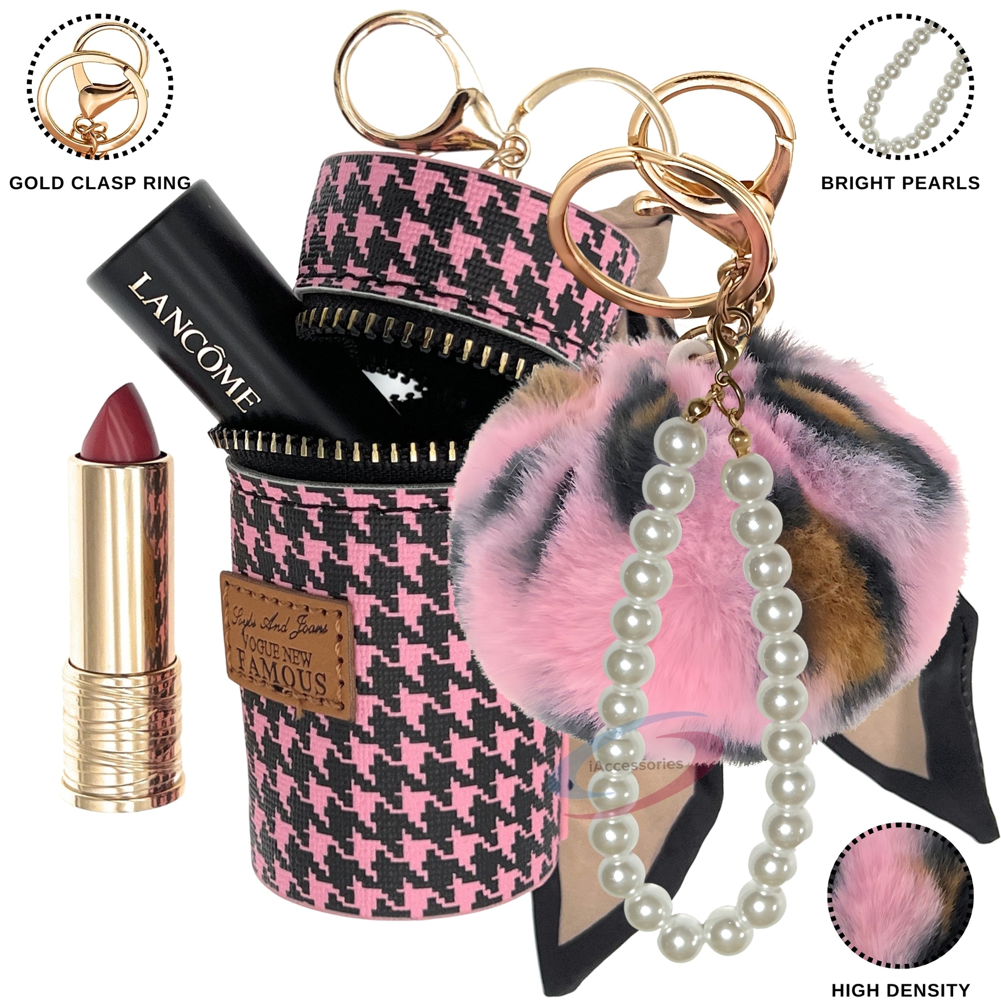 iAccessories Faux Fur Pom Pom Ball Pearl Pendant Bag Keychain Charm for Girls - Ideal for Bags, Cars, Scooty, Bikes & Home Decor - Pink|Black Pink Lepo - iAccessories