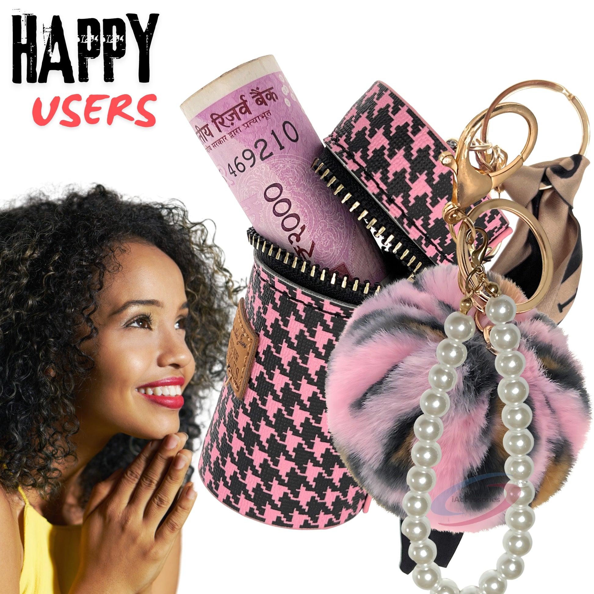 iAccessories Faux Fur Pom Pom Ball Pearl Pendant Bag Keychain Charm for Girls - Ideal for Bags, Cars, Scooty, Bikes & Home Decor - Pink|Black Pink Lepo - iAccessories