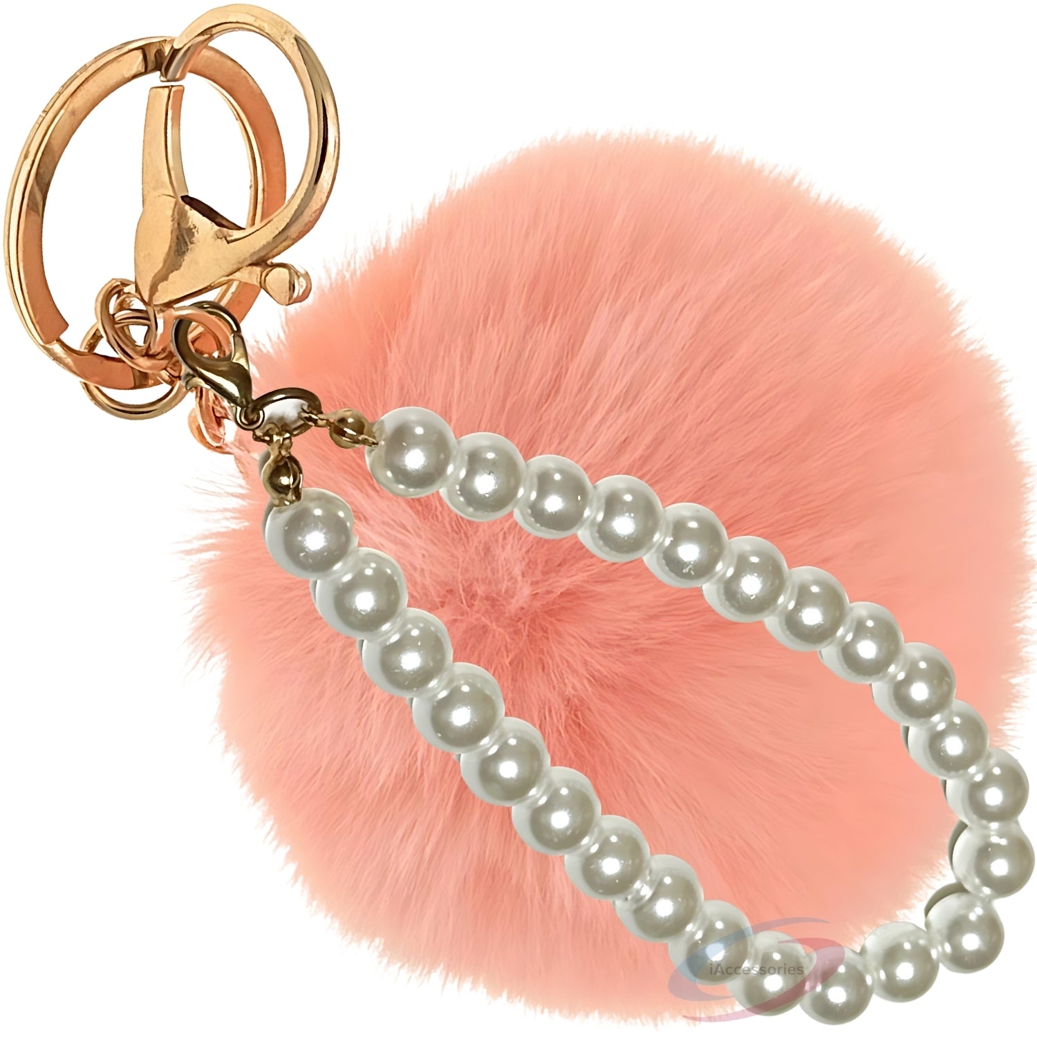 iAccessories Faux Fur Pompom with Pearls Keychain Charm - Baby Pink for Girls Bags, Cars, Scooty, Bike, Home Keys - iAccessories