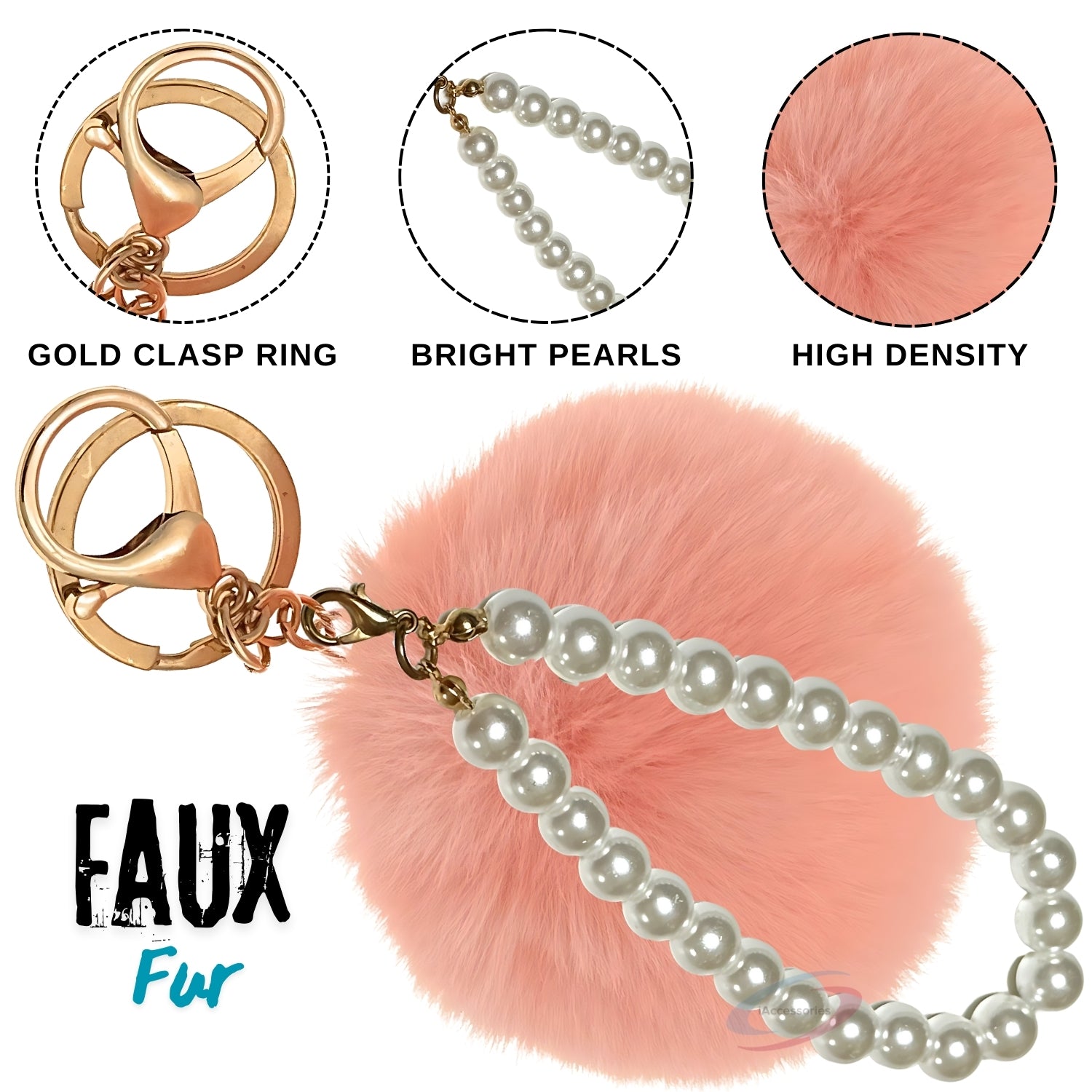iAccessories Faux Fur Pompom with Pearls Keychain Charm - Baby Pink for Girls Bags, Cars, Scooty, Bike, Home Keys - iAccessories