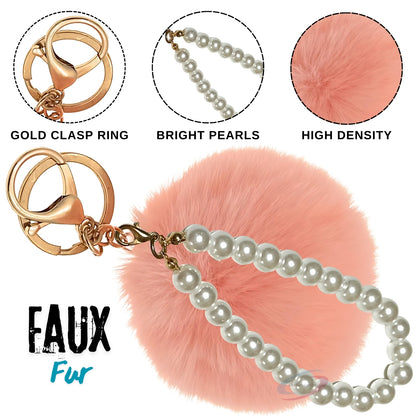 iAccessories Faux Fur Pompom with Pearls Keychain Charm - Baby Pink for Girls Bags, Cars, Scooty, Bike, Home Keys - iAccessories