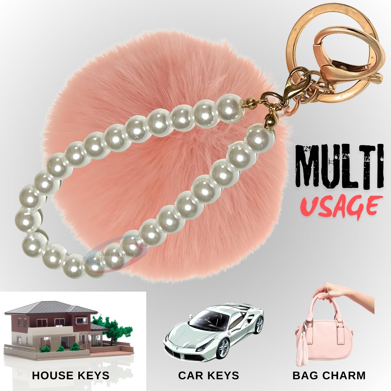 iAccessories Faux Fur Pompom with Pearls Keychain Charm - Baby Pink for Girls Bags, Cars, Scooty, Bike, Home Keys - iAccessories