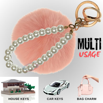 iAccessories Faux Fur Pompom with Pearls Keychain Charm - Baby Pink for Girls Bags, Cars, Scooty, Bike, Home Keys - iAccessories