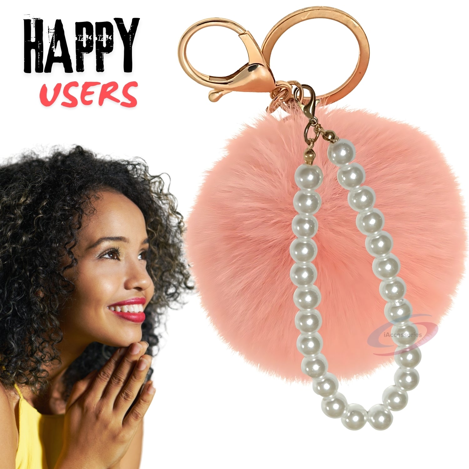 iAccessories Faux Fur Pompom with Pearls Keychain Charm - Baby Pink for Girls Bags, Cars, Scooty, Bike, Home Keys - iAccessories