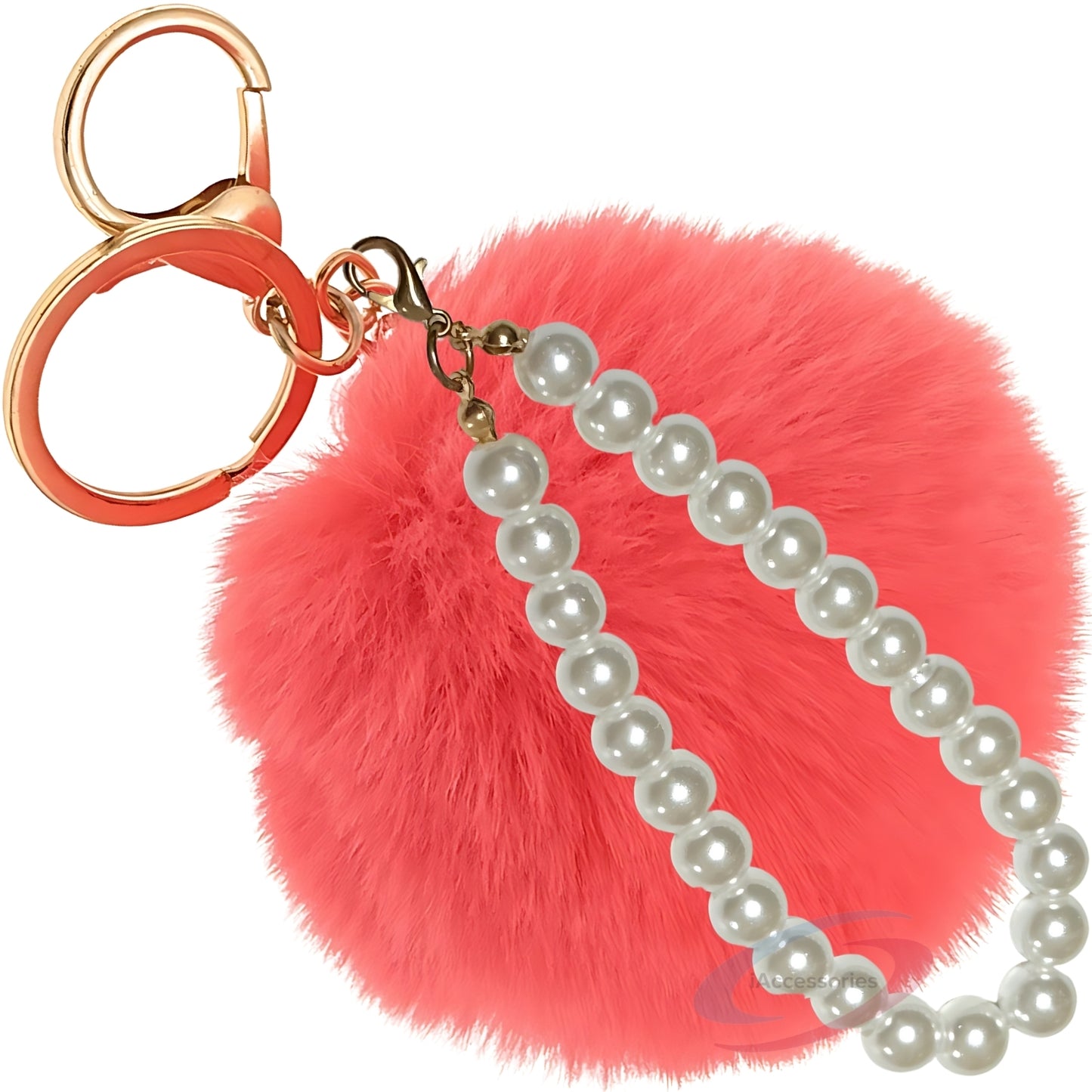 iAccessories Faux Fur Pompom with Pearls Keychain Charm - Coral Red for Girls' Bags, Cars, Scooty, Bike, Home Keys - iAccessories