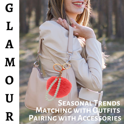 iAccessories Faux Fur Pompom with Pearls Keychain Charm - Coral Red for Girls' Bags, Cars, Scooty, Bike, Home Keys - iAccessories
