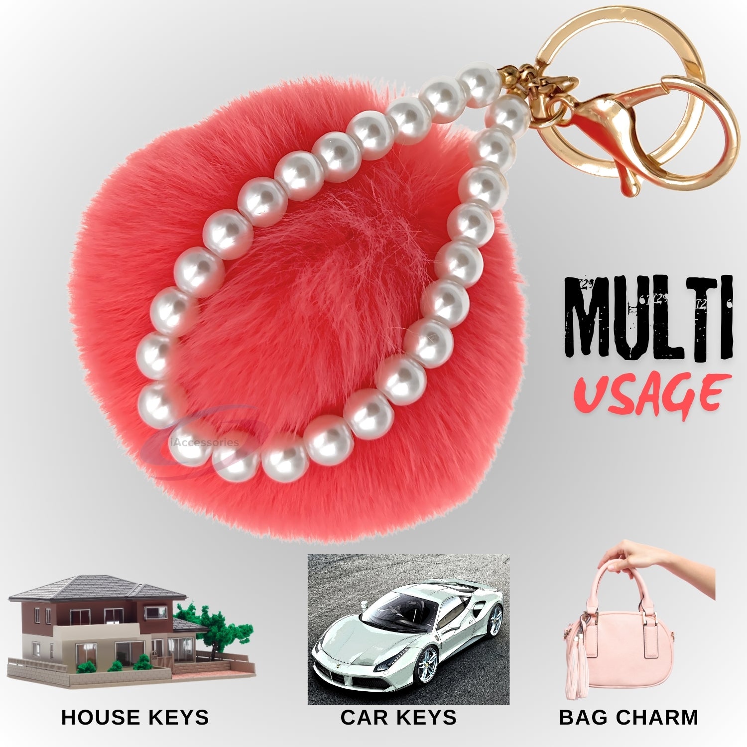 iAccessories Faux Fur Pompom with Pearls Keychain Charm - Coral Red for Girls' Bags, Cars, Scooty, Bike, Home Keys - iAccessories