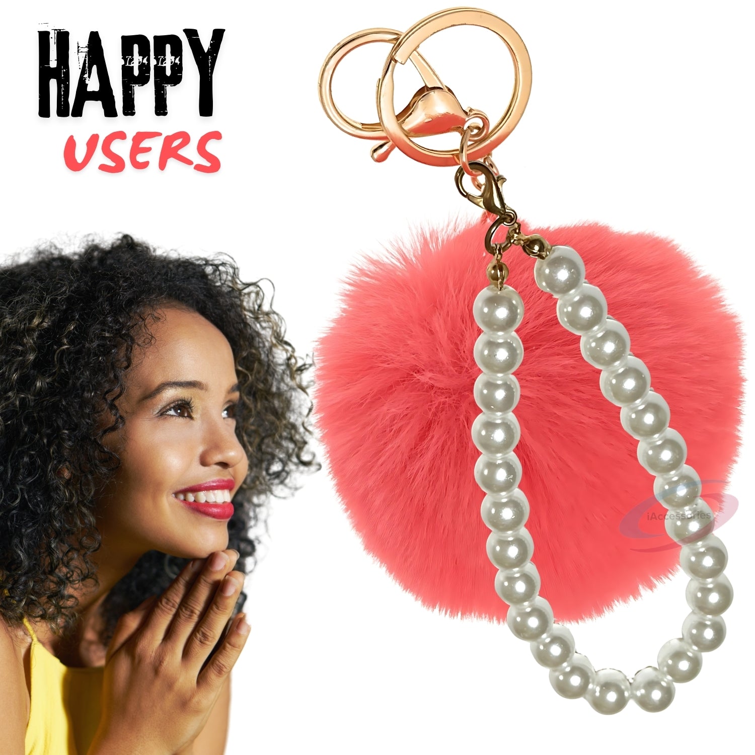 iAccessories Faux Fur Pompom with Pearls Keychain Charm - Coral Red for Girls' Bags, Cars, Scooty, Bike, Home Keys - iAccessories