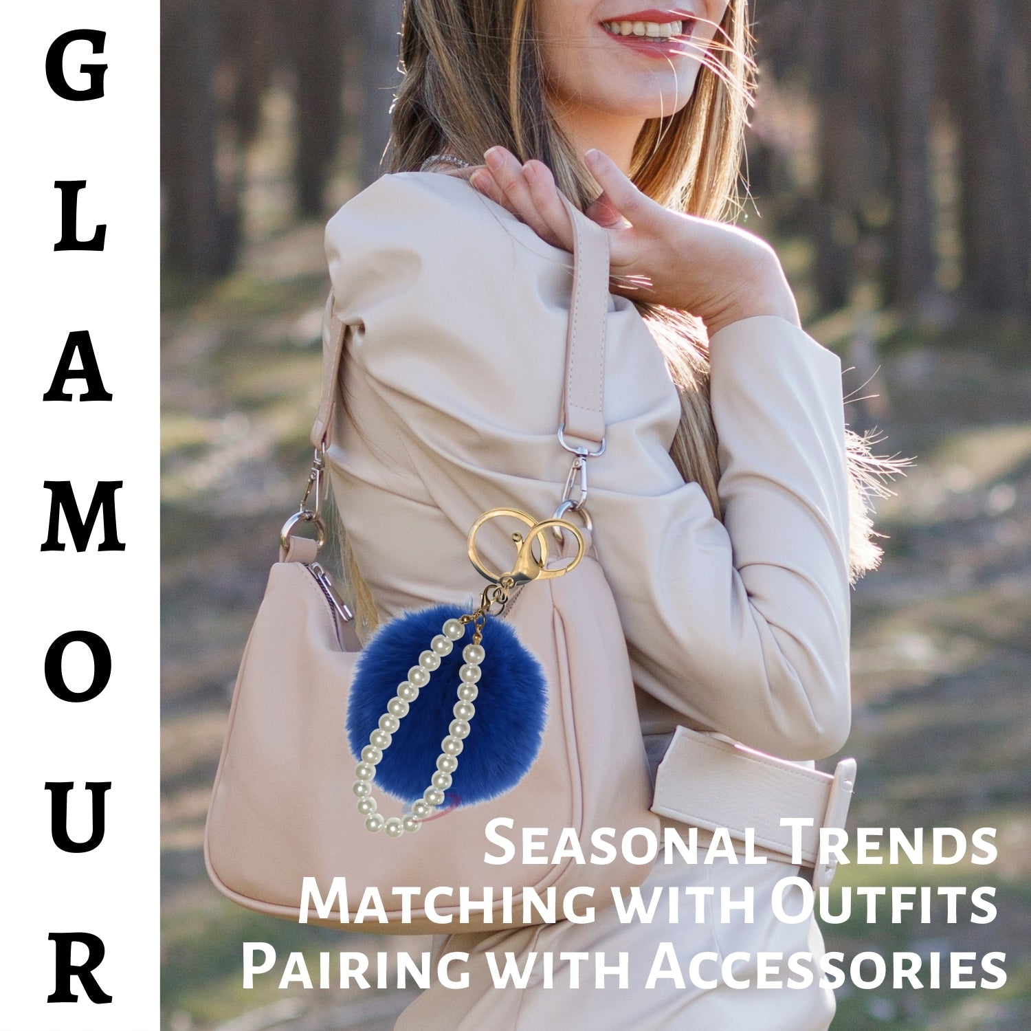 iAccessories Faux Fur Pompom with Pearls Keychain Charm - Drak Blue for Girls' Bags, Cars, Scooty, Bike, Home Keys - iAccessories