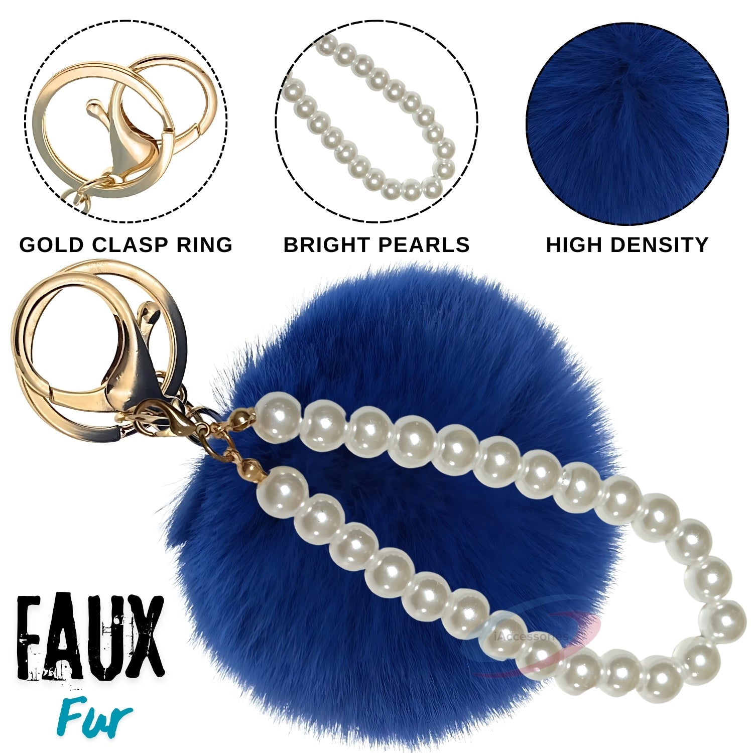 iAccessories Faux Fur Pompom with Pearls Keychain Charm - Drak Blue for Girls' Bags, Cars, Scooty, Bike, Home Keys - iAccessories