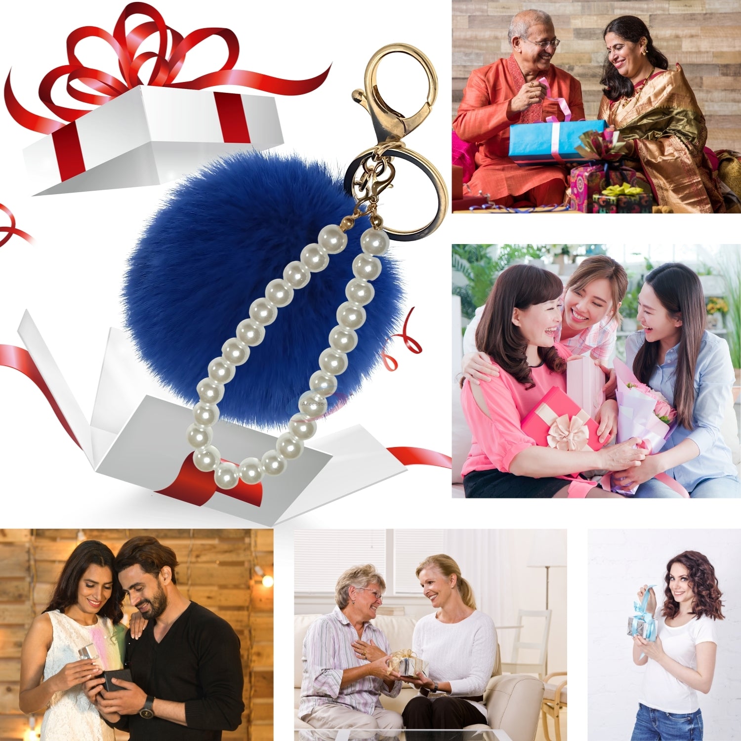 iAccessories Faux Fur Pompom with Pearls Keychain Charm - Drak Blue for Girls' Bags, Cars, Scooty, Bike, Home Keys - iAccessories