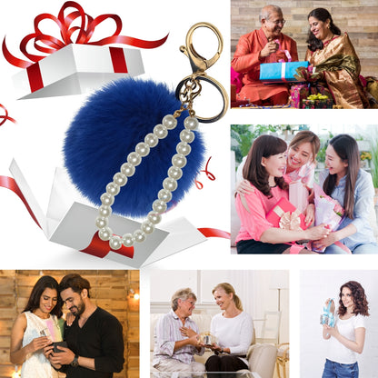 iAccessories Faux Fur Pompom with Pearls Keychain Charm - Drak Blue for Girls' Bags, Cars, Scooty, Bike, Home Keys - iAccessories