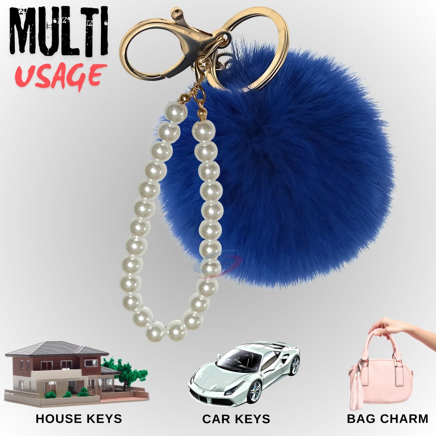 iAccessories Faux Fur Pompom with Pearls Keychain Charm - Drak Blue for Girls' Bags, Cars, Scooty, Bike, Home Keys - iAccessories