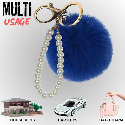 iAccessories Faux Fur Pompom with Pearls Keychain Charm - Drak Blue for Girls' Bags, Cars, Scooty, Bike, Home Keys - iAccessories