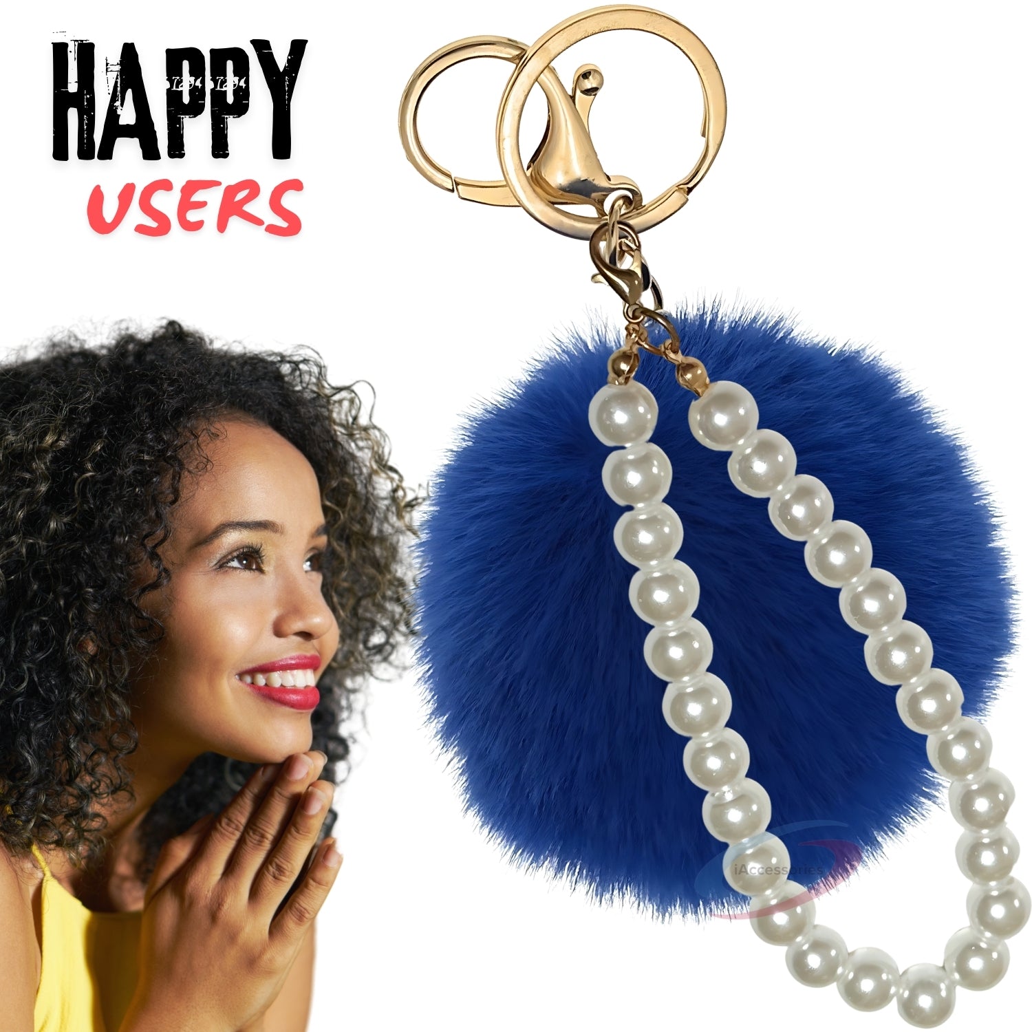 iAccessories Faux Fur Pompom with Pearls Keychain Charm - Drak Blue for Girls' Bags, Cars, Scooty, Bike, Home Keys - iAccessories