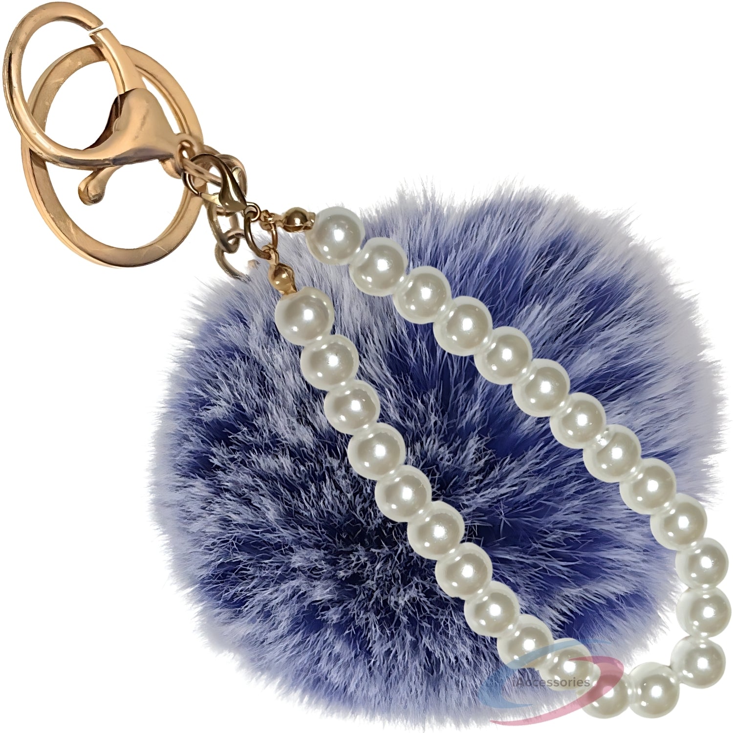 iAccessories Faux Fur Pompom with Pearls Keychain Charm - Frosted Blue for Girls' Bags, Cars, Scooty, Bike, Home Keys - iAccessories