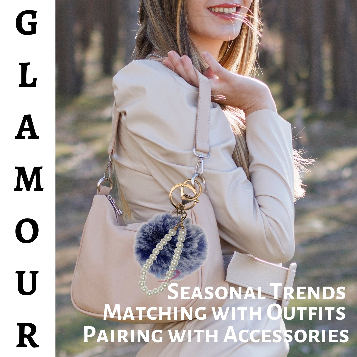 iAccessories Faux Fur Pompom with Pearls Keychain Charm - Frosted Blue for Girls' Bags, Cars, Scooty, Bike, Home Keys - iAccessories