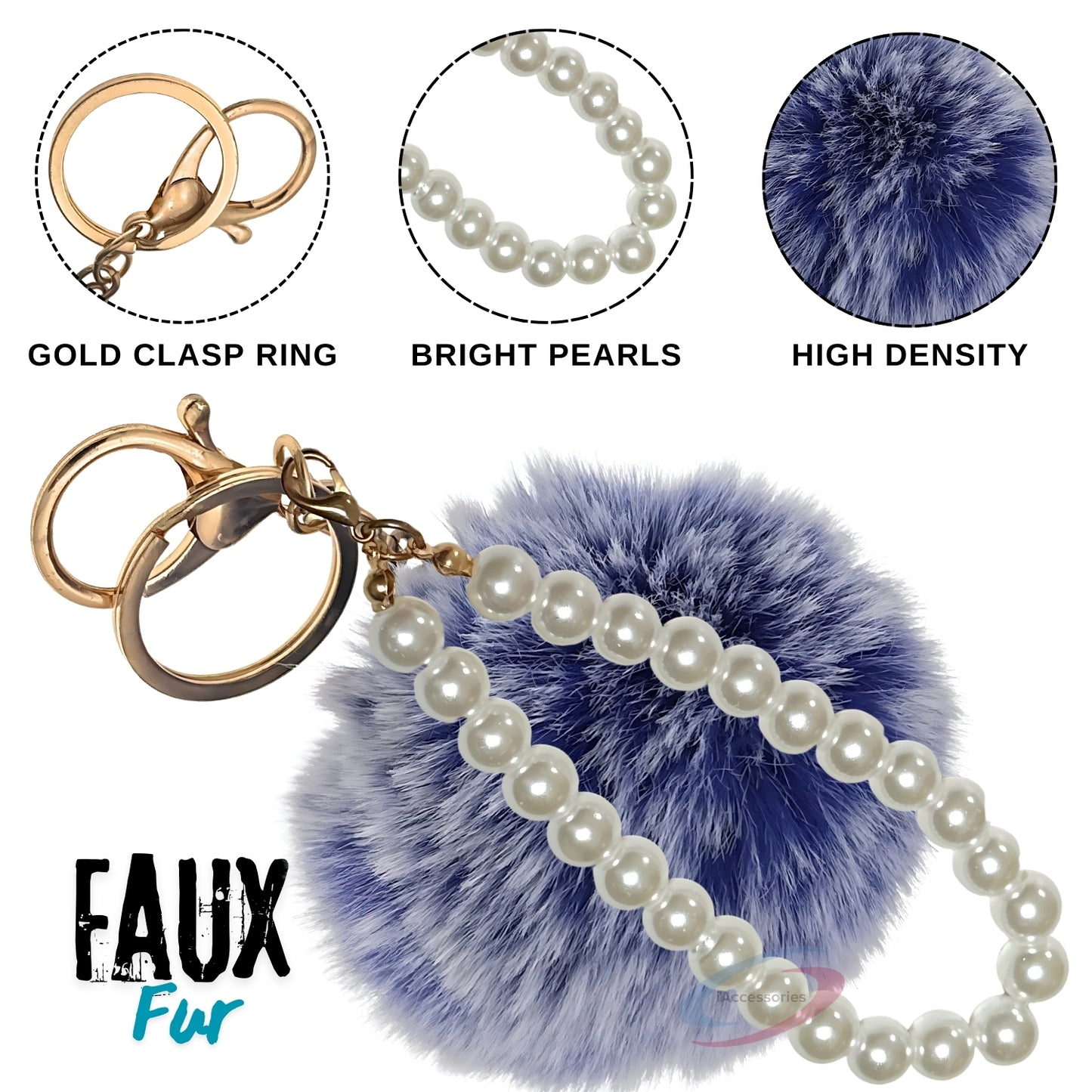 iAccessories Faux Fur Pompom with Pearls Keychain Charm - Frosted Blue for Girls' Bags, Cars, Scooty, Bike, Home Keys - iAccessories