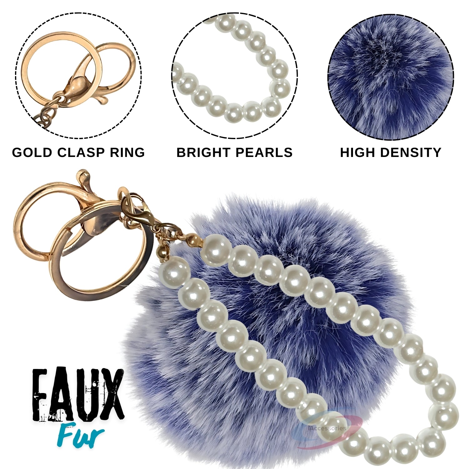 iAccessories Faux Fur Pompom with Pearls Keychain Charm - Frosted Blue for Girls' Bags, Cars, Scooty, Bike, Home Keys - iAccessories