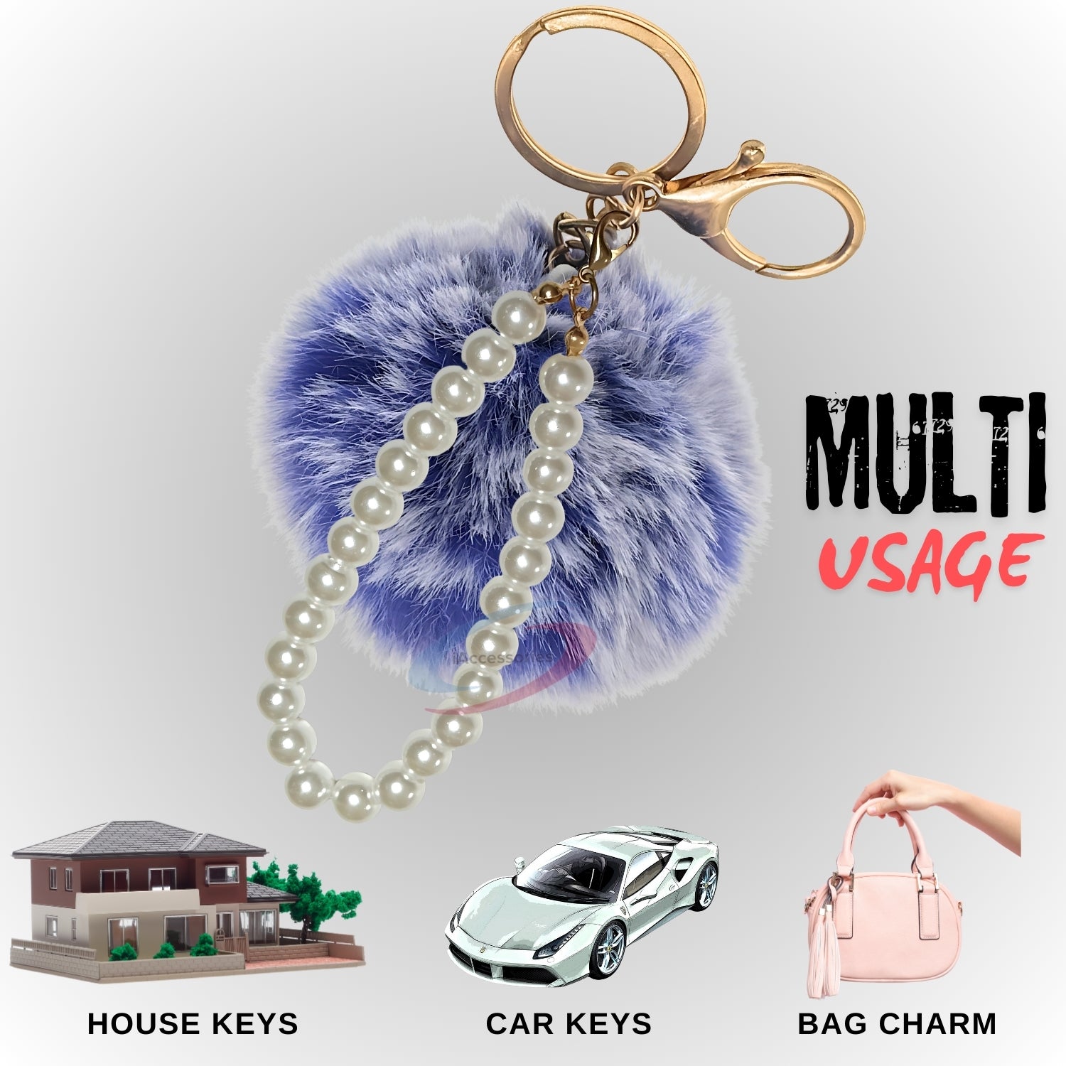 iAccessories Faux Fur Pompom with Pearls Keychain Charm - Frosted Blue for Girls' Bags, Cars, Scooty, Bike, Home Keys - iAccessories