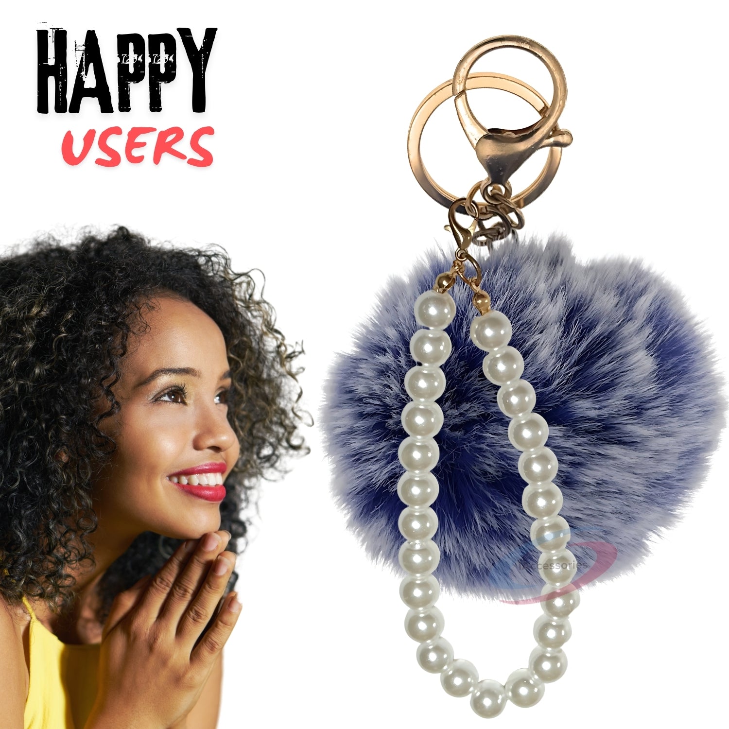 iAccessories Faux Fur Pompom with Pearls Keychain Charm - Frosted Blue for Girls' Bags, Cars, Scooty, Bike, Home Keys - iAccessories