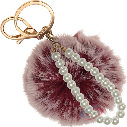 iAccessories Faux Fur Pompom with Pearls Keychain Charm - Frosted Red Color for Girls' Bags, Cars, Scooty, Bike, Home Keys - iAccessories