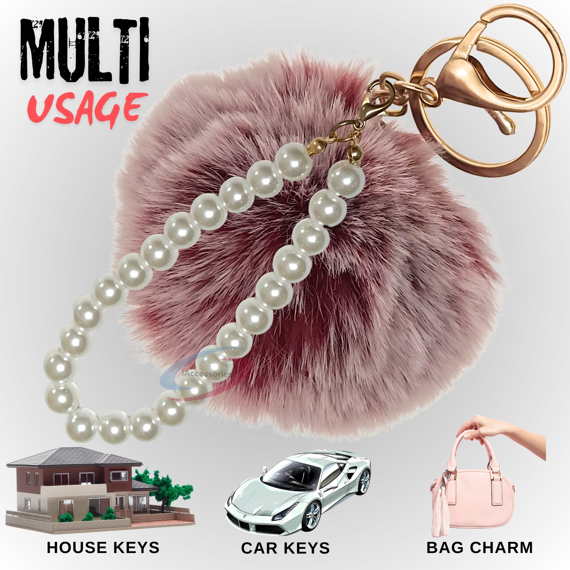 iAccessories Faux Fur Pompom with Pearls Keychain Charm - Frosted Red Color for Girls' Bags, Cars, Scooty, Bike, Home Keys - iAccessories