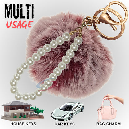 iAccessories Faux Fur Pompom with Pearls Keychain Charm - Frosted Red Color for Girls' Bags, Cars, Scooty, Bike, Home Keys - iAccessories