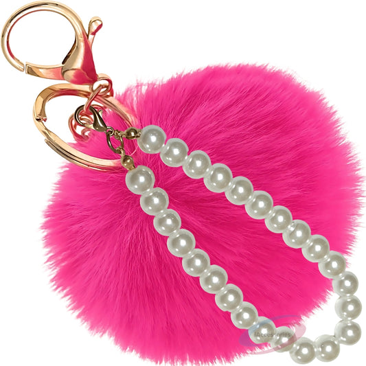 iAccessories Faux Fur Pompom with Pearls Keychain Charm - Hot Pink for Girls' Bags, Cars, Scooty, Bike, Home Keys - iAccessories