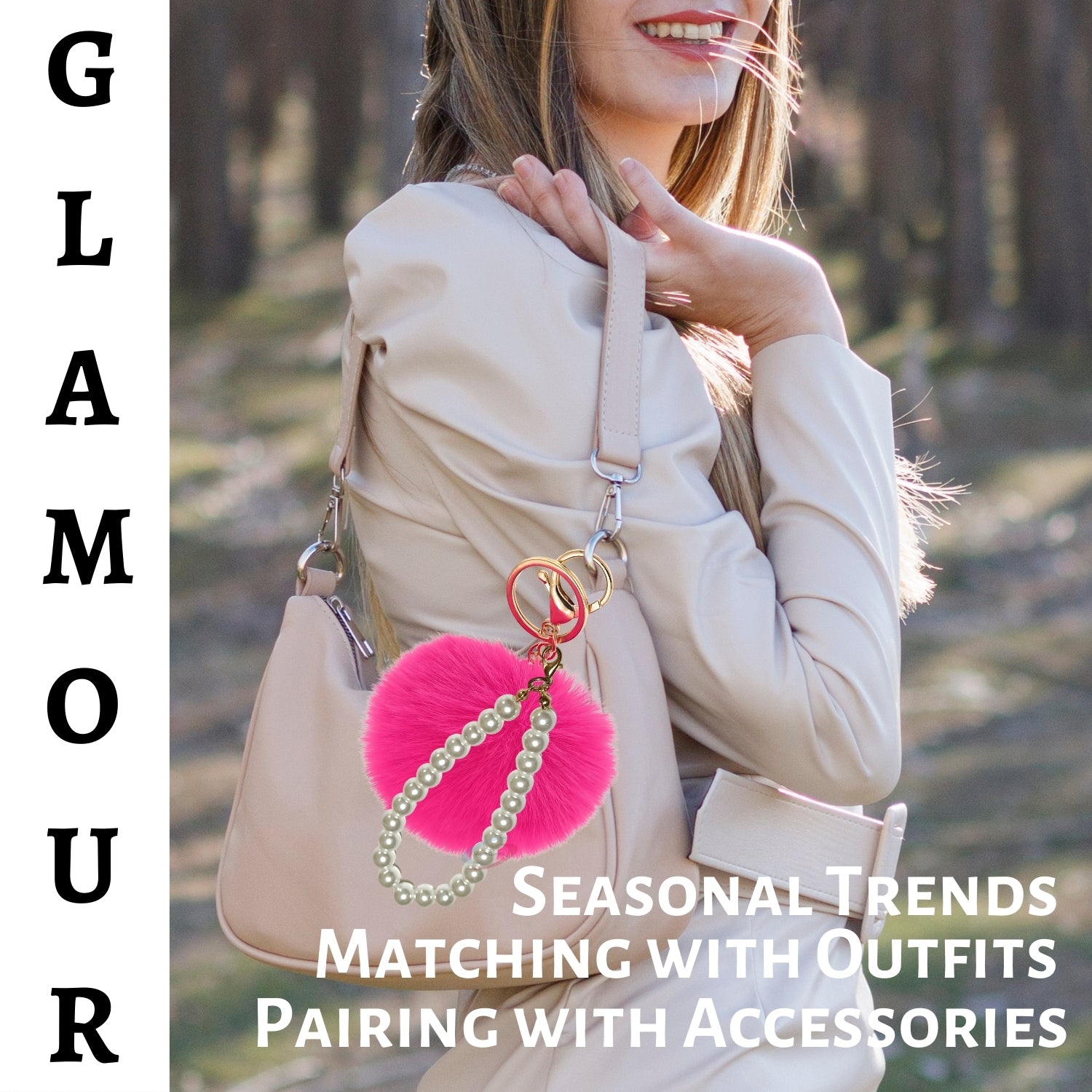 iAccessories Faux Fur Pompom with Pearls Keychain Charm - Hot Pink for Girls' Bags, Cars, Scooty, Bike, Home Keys - iAccessories