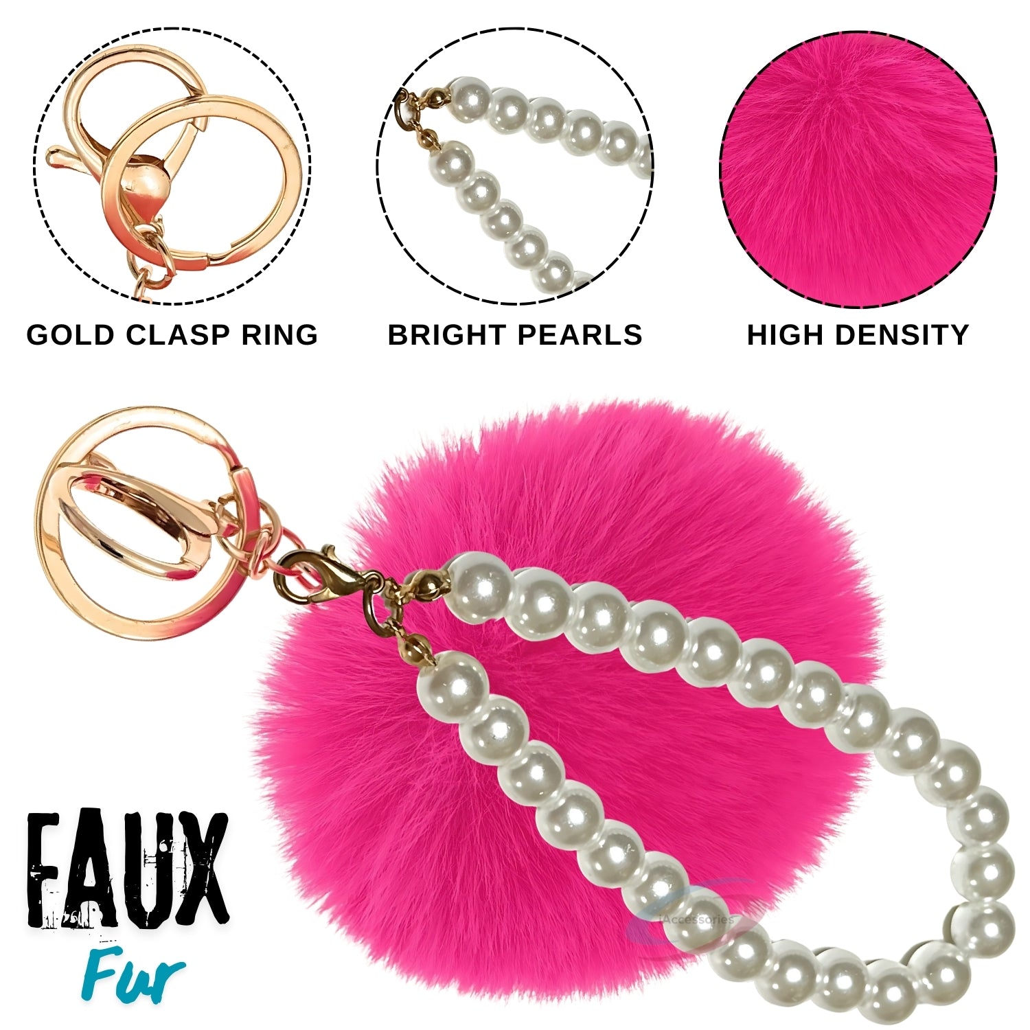 iAccessories Faux Fur Pompom with Pearls Keychain Charm - Hot Pink for Girls' Bags, Cars, Scooty, Bike, Home Keys - iAccessories
