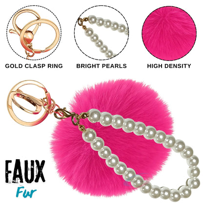 iAccessories Faux Fur Pompom with Pearls Keychain Charm - Hot Pink for Girls' Bags, Cars, Scooty, Bike, Home Keys - iAccessories