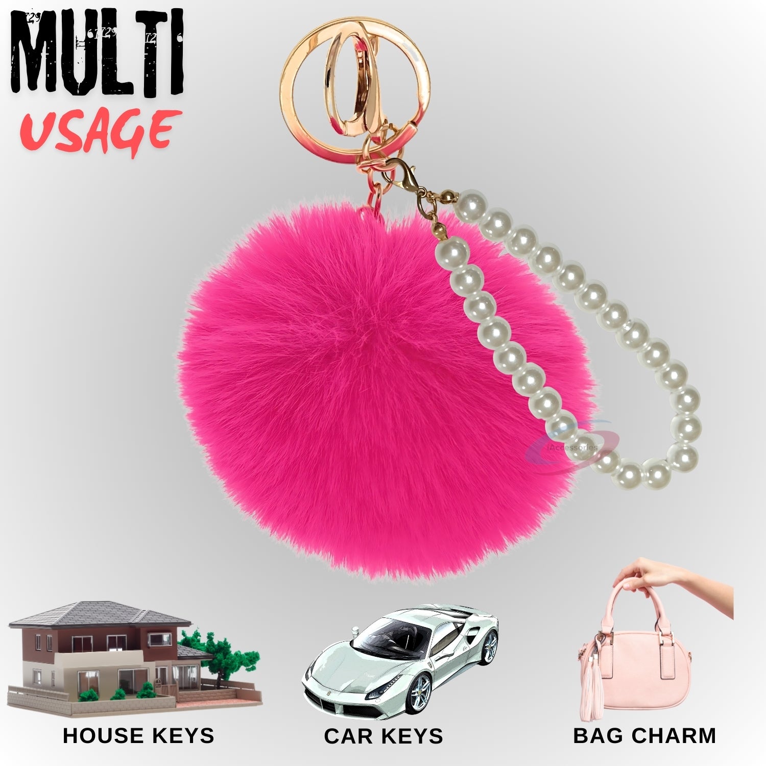 iAccessories Faux Fur Pompom with Pearls Keychain Charm - Hot Pink for Girls' Bags, Cars, Scooty, Bike, Home Keys - iAccessories