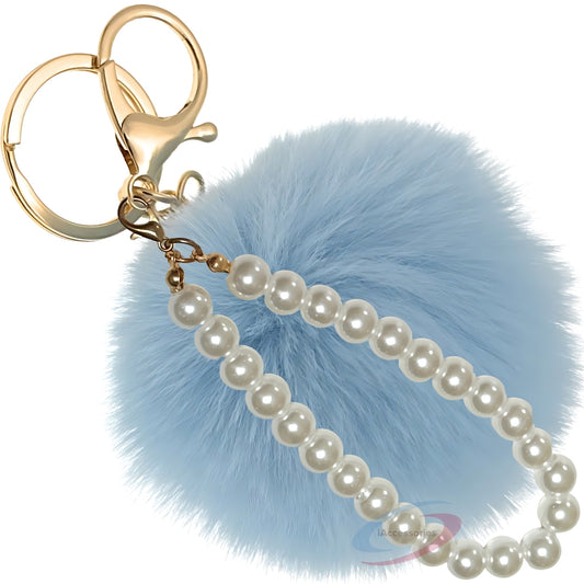 iAccessories Faux Fur Pompom with Pearls Keychain Charm - Light Blue for Girls' Bags, Cars, Scooty, Bike, Home Keys - iAccessories