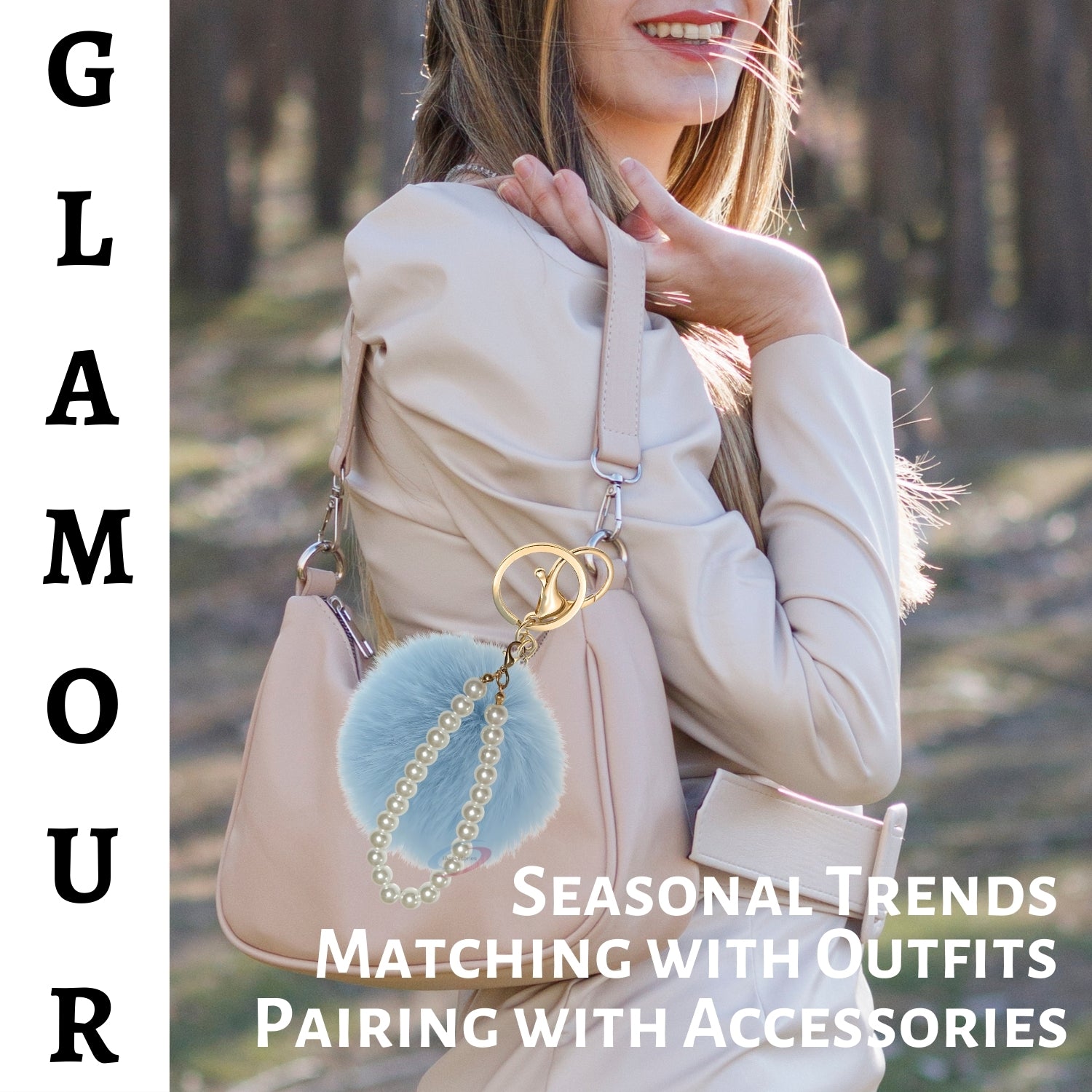 iAccessories Faux Fur Pompom with Pearls Keychain Charm - Light Blue for Girls' Bags, Cars, Scooty, Bike, Home Keys - iAccessories