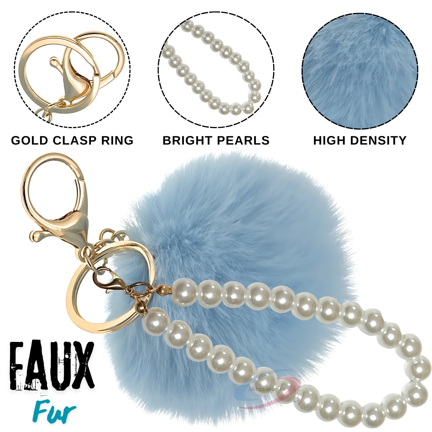 iAccessories Faux Fur Pompom with Pearls Keychain Charm - Light Blue for Girls' Bags, Cars, Scooty, Bike, Home Keys - iAccessories