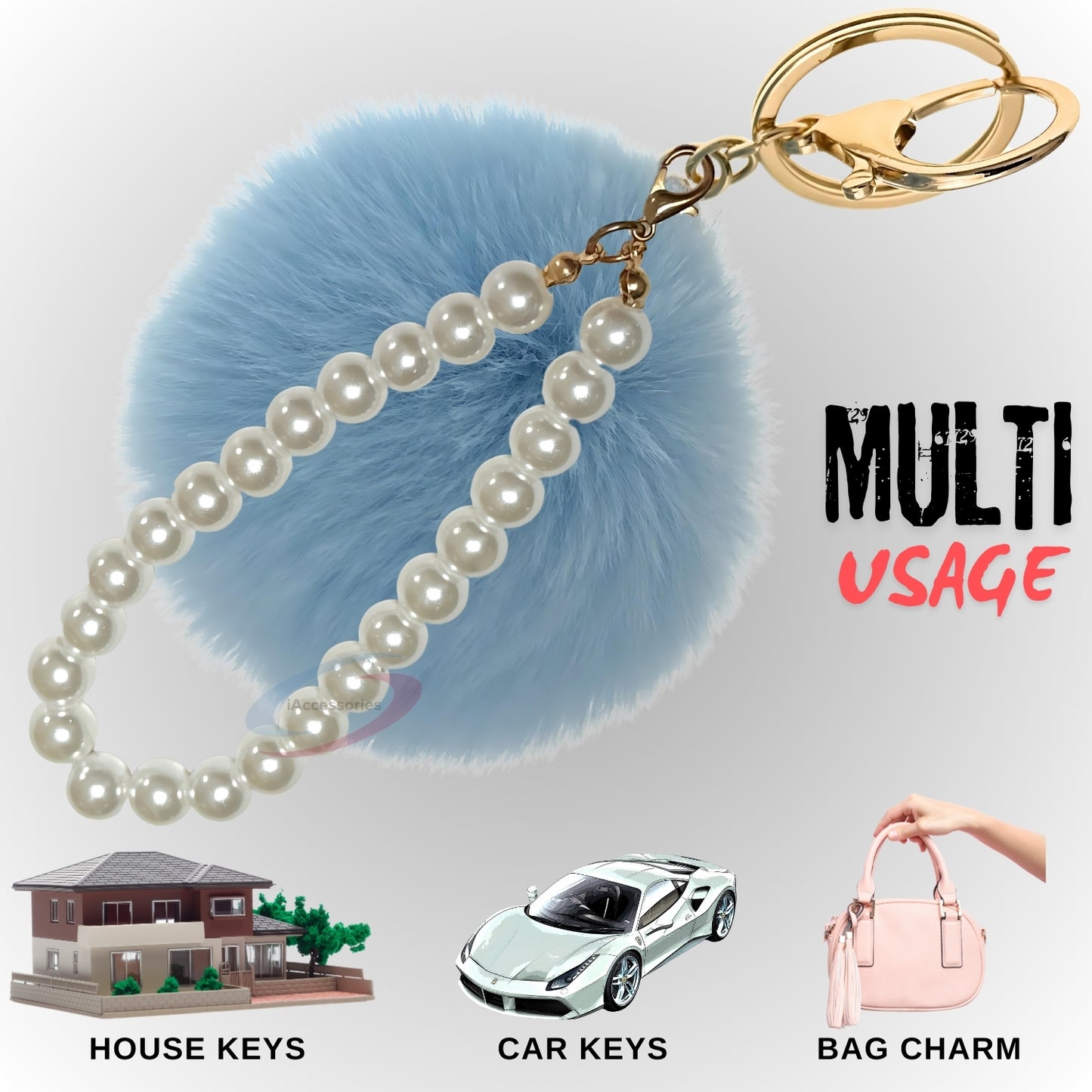 iAccessories Faux Fur Pompom with Pearls Keychain Charm - Light Blue for Girls' Bags, Cars, Scooty, Bike, Home Keys - iAccessories