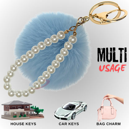 iAccessories Faux Fur Pompom with Pearls Keychain Charm - Light Blue for Girls' Bags, Cars, Scooty, Bike, Home Keys - iAccessories