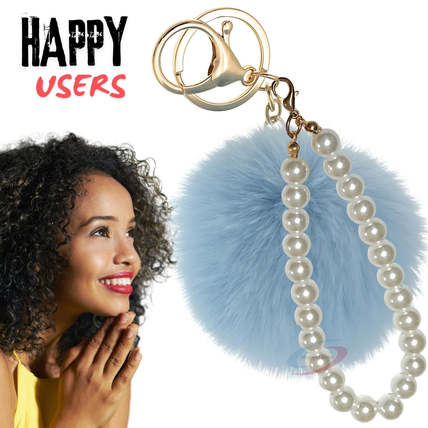 iAccessories Faux Fur Pompom with Pearls Keychain Charm - Light Blue for Girls' Bags, Cars, Scooty, Bike, Home Keys - iAccessories