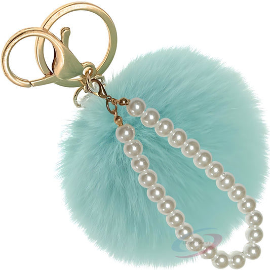 iAccessories Faux Fur Pompom with Pearls Keychain Charm - Mint Green for Girls' Bags, Cars, Scooty, Bike, Home Keys - iAccessories