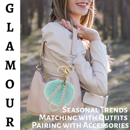 iAccessories Faux Fur Pompom with Pearls Keychain Charm - Mint Green for Girls' Bags, Cars, Scooty, Bike, Home Keys - iAccessories