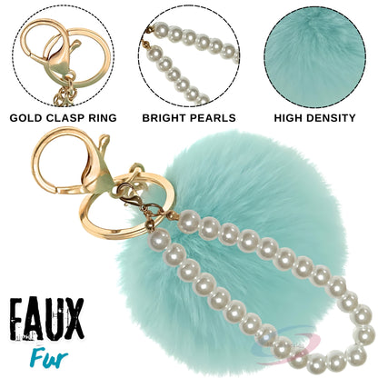 iAccessories Faux Fur Pompom with Pearls Keychain Charm - Mint Green for Girls' Bags, Cars, Scooty, Bike, Home Keys - iAccessories