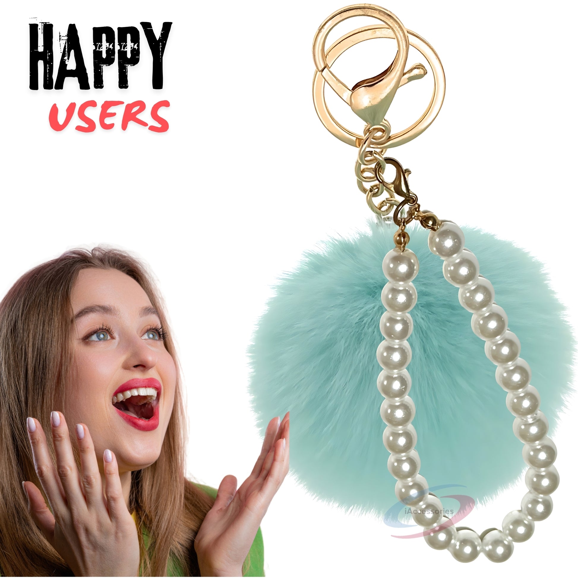 iAccessories Faux Fur Pompom with Pearls Keychain Charm - Mint Green for Girls' Bags, Cars, Scooty, Bike, Home Keys - iAccessories