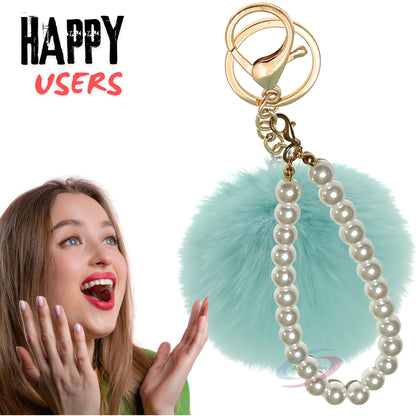 iAccessories Faux Fur Pompom with Pearls Keychain Charm - Mint Green for Girls' Bags, Cars, Scooty, Bike, Home Keys - iAccessories