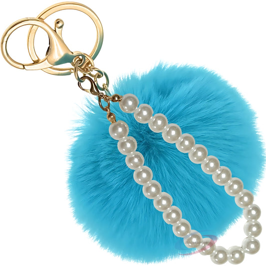 iAccessories Faux Fur Pompom with Pearls Keychain Charm - Peacock Blue for Girls' Bags, Cars, Scooty, Bike, Home Keys - iAccessories